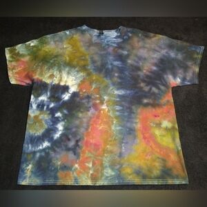 Black, Rust Brown, Olive Green And Deep Blue Ice Dye Tie Dye T Shirt ~ Sz 3XL